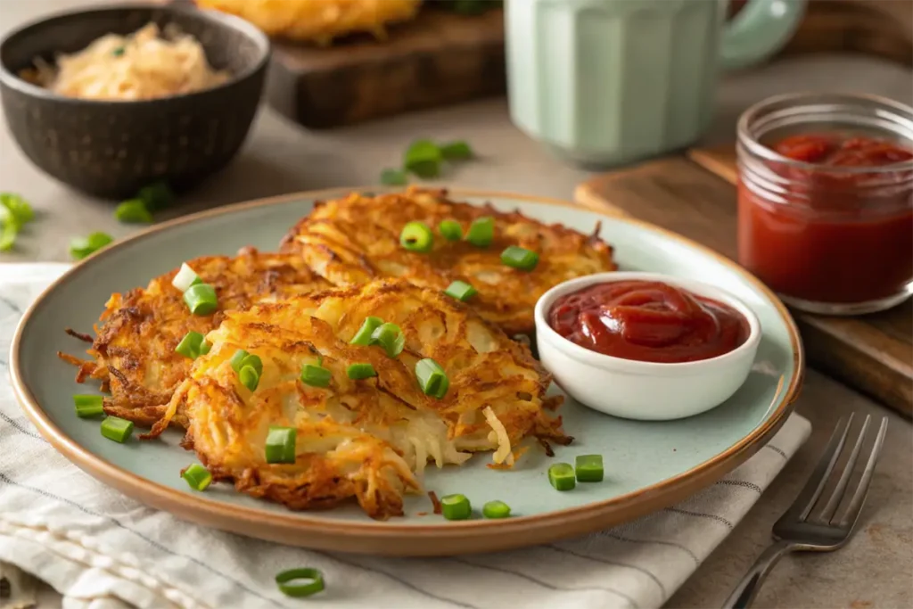 How Long Do Hash Browns Take in an Air Fryer? Two golden-brown air fryer hash browns garnished with green onions, served with ketchup on a ceramic plate