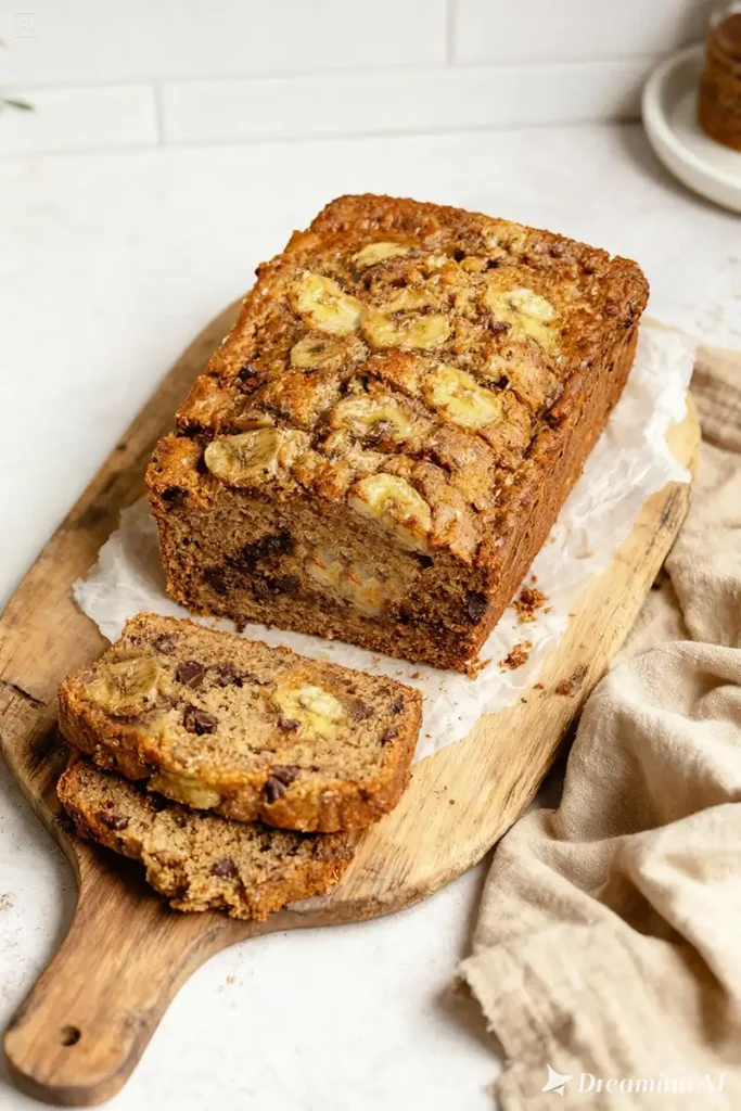 This rustic banana bread loaf, rich with visible banana slices and chocolate chips, visually explores the debate: is banana bread healthy or unhealthy?