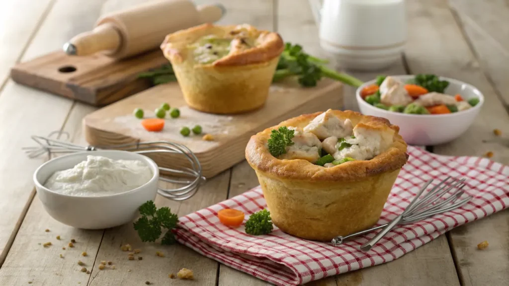 Delicious chicken pot pie in popovers, filled with creamy chicken, peas, and carrots, served on a rustic wooden table.