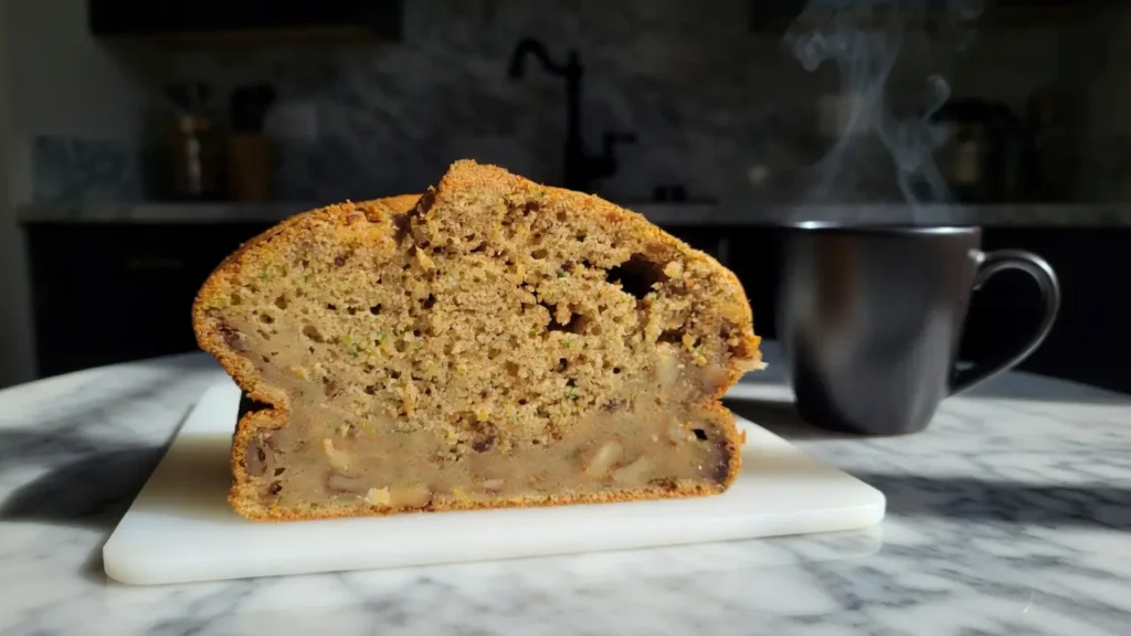 why did banana bread collapse, with a dense and undercooked center example slice