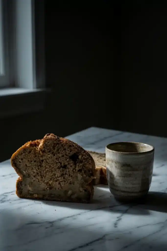 why did banana bread collapse? Example slice with dense center and coffee