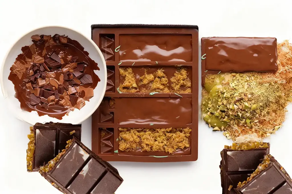 Chocolate bar molds filled with melted chocolate and layers of kunafa, surrounded by chopped chocolate pieces and pistachios, and finished knafeh chocolate bars on a white surface.