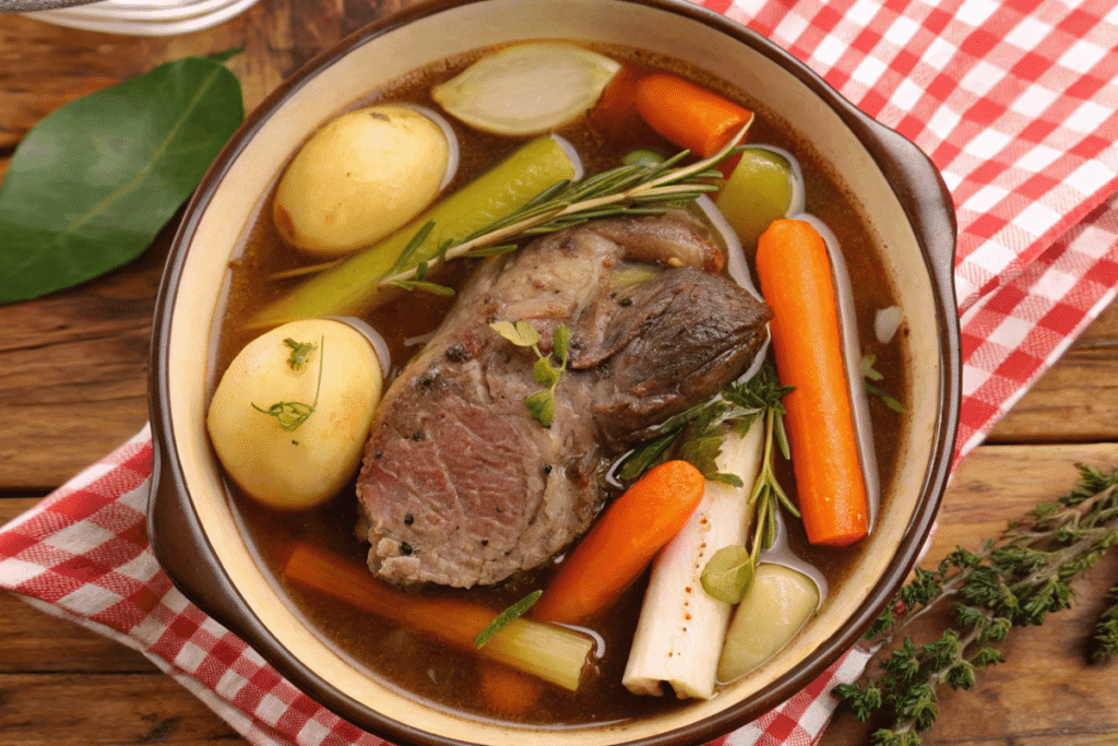 Do you use the meat from soup bones? A hearty bowl of soup featuring a large piece of cooked meat, baby potatoes, carrots, celery, and herbs, served in a rustic dish with a checkered napkin beneath.