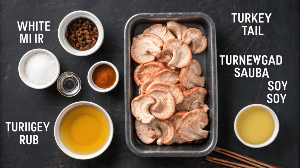 Can you eat smoked turkey tails? A tray of sliced turkey tail mushrooms with various seasonings and sauces on a dark background, labeled with ingredient names. (Note: The image appears to feature turkey tail mushrooms, which are different from actual smoked turkey tails.) Would you like an alternative description to better align with smoked turkey tails? Let me know how you'd like to proceed!