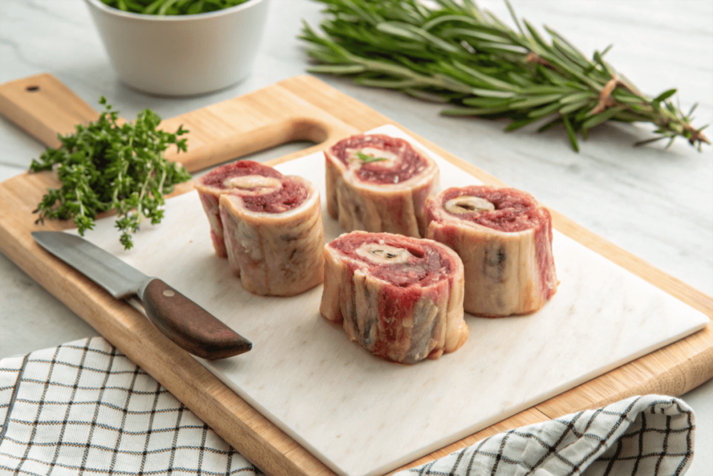What is a Soup Bone Slang? Four raw beef marrow bones cut into sections on a marble cutting board, accompanied by fresh herbs, a knife, and a kitchen towel.