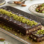 What is a Knafeh Chocolate Bar? A luxurious knafeh chocolate bar topped with crushed pistachios, served on a decorative platter with mixed nuts in the background.
