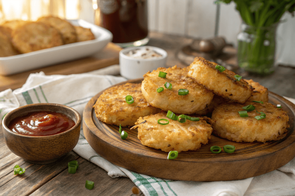 air fryer hash browns - Golden-brown hash browns garnished with chopped green onions, served on a wooden platter alongside ketchup and creamy dip.