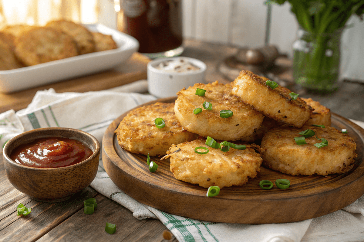 air fryer hash browns - Golden-brown hash browns garnished with chopped green onions, served on a wooden platter alongside ketchup and creamy dip.