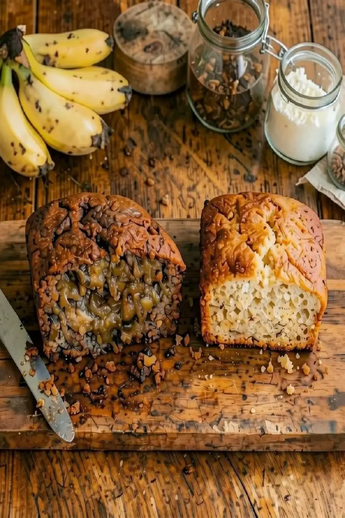 Bananas in Baking comparison showing wet, dense banana cake vs. fluffy, perfect cake texture