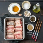 What part of the turkey are turkey tails? The image displays a neatly arranged set of ingredients for a dish, including the following: A metal tray with cuts of raw pork or meat seasoned with "smoked paprika" and "salt." A small bowl of olive oil. A separate bowl of coarse salt. A garlic clove and mushrooms in another small dish. A bowl labeled with "onion powder" or "pepper" powder. A bowl containing cracked black pepper. A bottle of olive oil and a pair of chopsticks on the side.