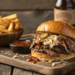 A barbecue brisket sandwich topped with coleslaw, pickles, and barbecue sauce served on a wooden board with a side of fries and dipping sauce.