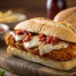 Close-up of a chicken parm sandwich with melted cheese and marinara sauce on a toasted roll.