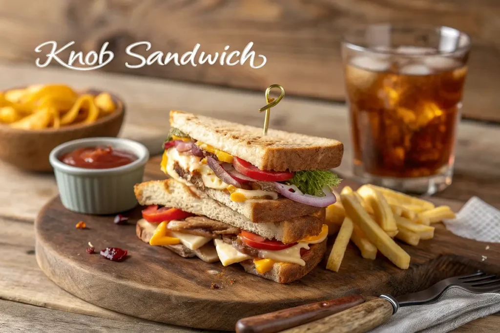 A stacked sandwich with layers of melted cheese, grilled vegetables, and fresh lettuce, served on toasted bread with fries, dipping sauce, and a soda on the side.