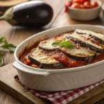 An Italian-style eggplant parmesan dish in a white baking dish, topped with melted cheese, marinara sauce, and fresh basil, set on a rustic wooden table with fresh ingredients in the background.