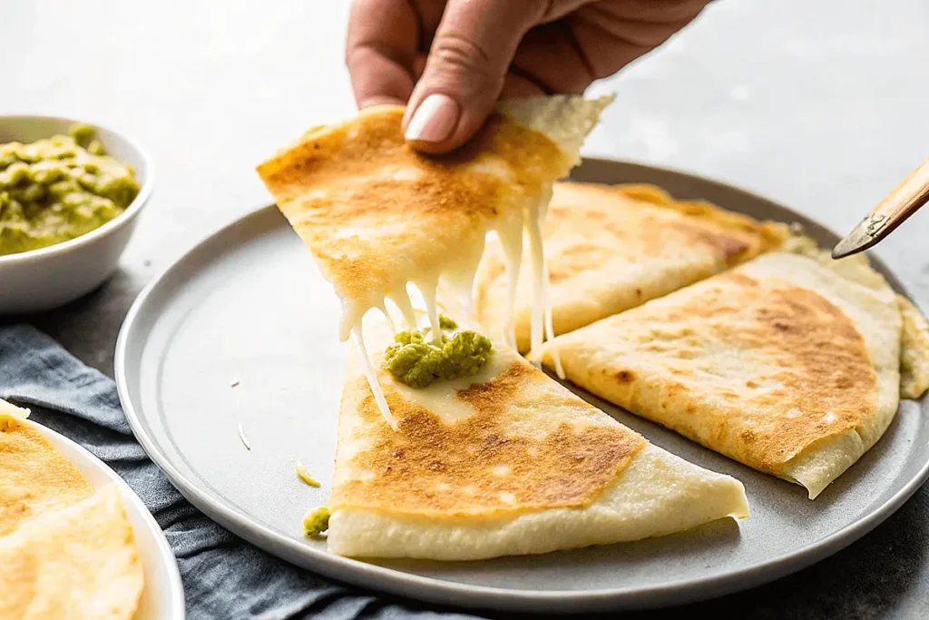 the best cheese for quesadilla rellena - Close-up of a hand lifting a slice of cheesy quesadilla with melted cheese stretching, served with a dollop of guacamole on a plate