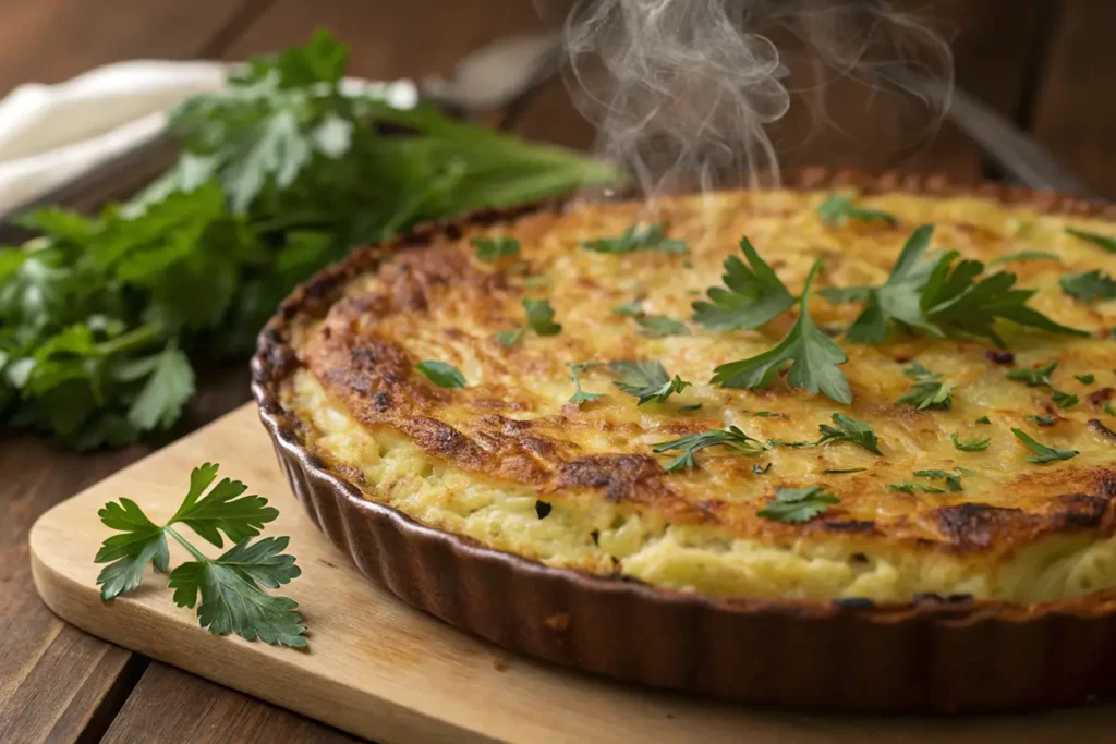 Close-up of a golden, crispy Passover potato pie garnished with parsley, freshly baked for Passover.
