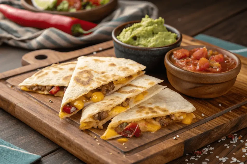 A serving of sliced quesadillas on a wooden board with melted cheese, ground meat, and bell peppers. Accompanied by guacamole and salsa in small bowls.
