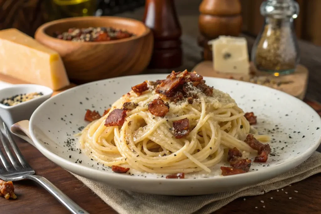 What meat is in carbonara? A plate of traditional carbonara with guanciale and Pecorino Romano.