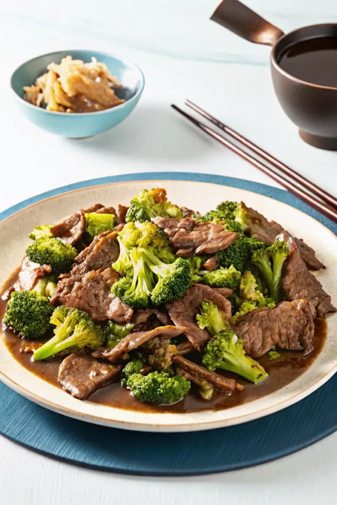 Beef and broccoli recipe served with sauce on a plate