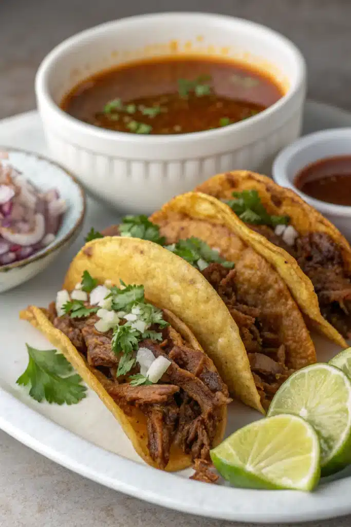 Birria tacos with crispy tortillas and a side of consommé for dipping.