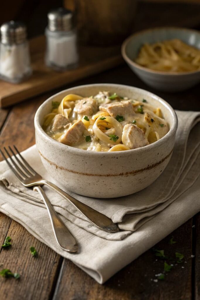 Justalittlebite recipes Chicken Alfredo served in a rustic farmhouse bowl