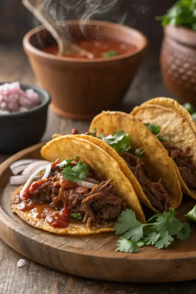 What is a Birria Taco Made Of? Crispy birria tacos with consomé.