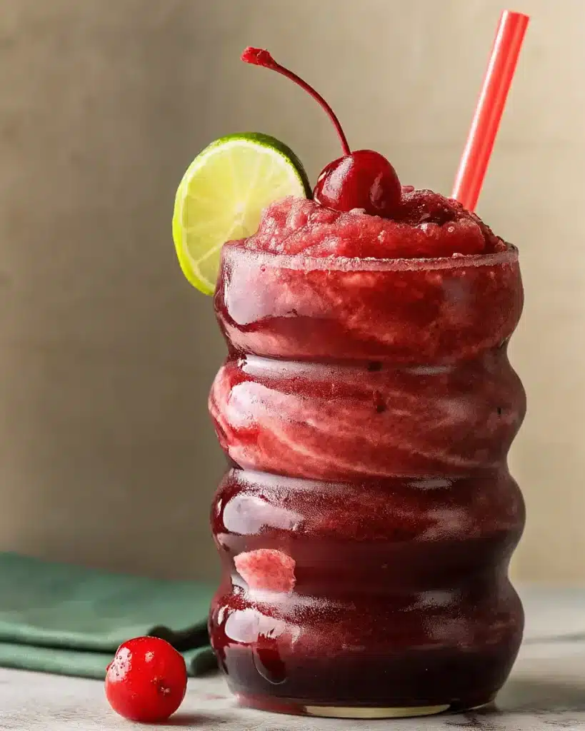 Frozen Cherry Vanilla Cola garnished with lime and cherry
