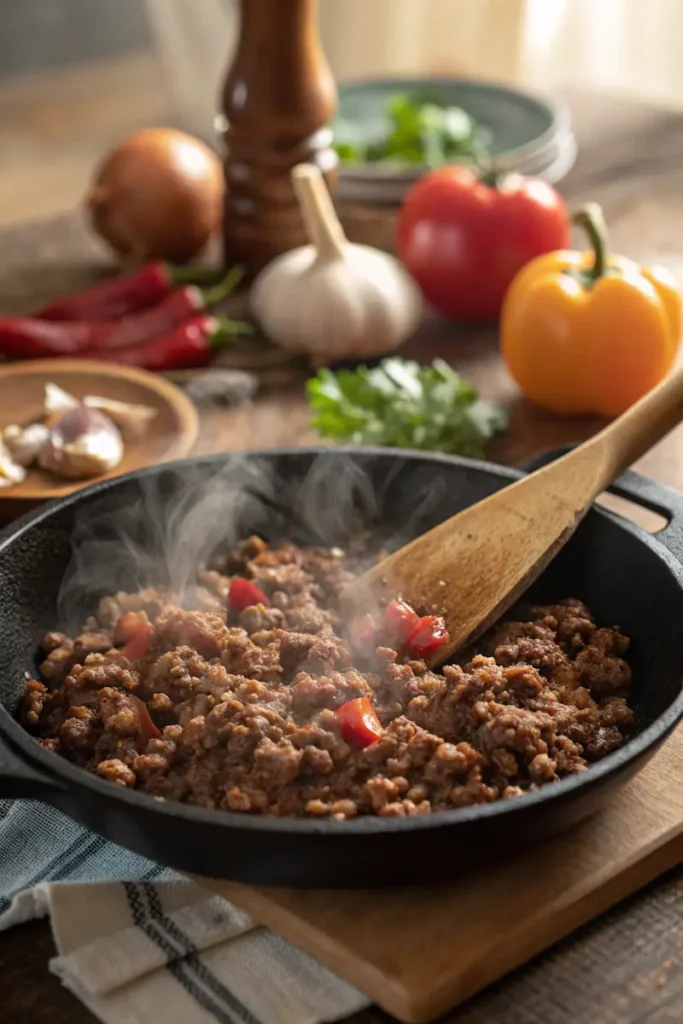 Ground Beef Recipes: A pan of seasoned ground beef cooking with fresh ingredients