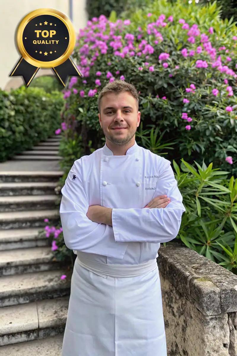 about me- Professional chef in white uniform standing confidently in a garden setting