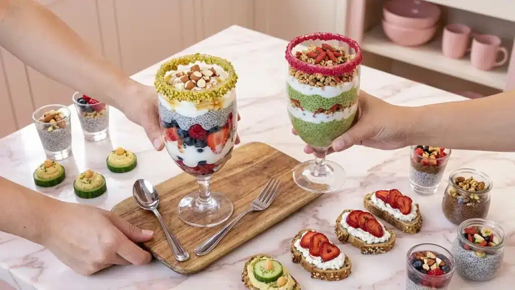 A bright overhead view of two hands holding layered yogurt parfaits, surrounded by small healthy food justalittlebite snacks like chia pudding, cucumber bites, and strawberry toast on a marble counter.
