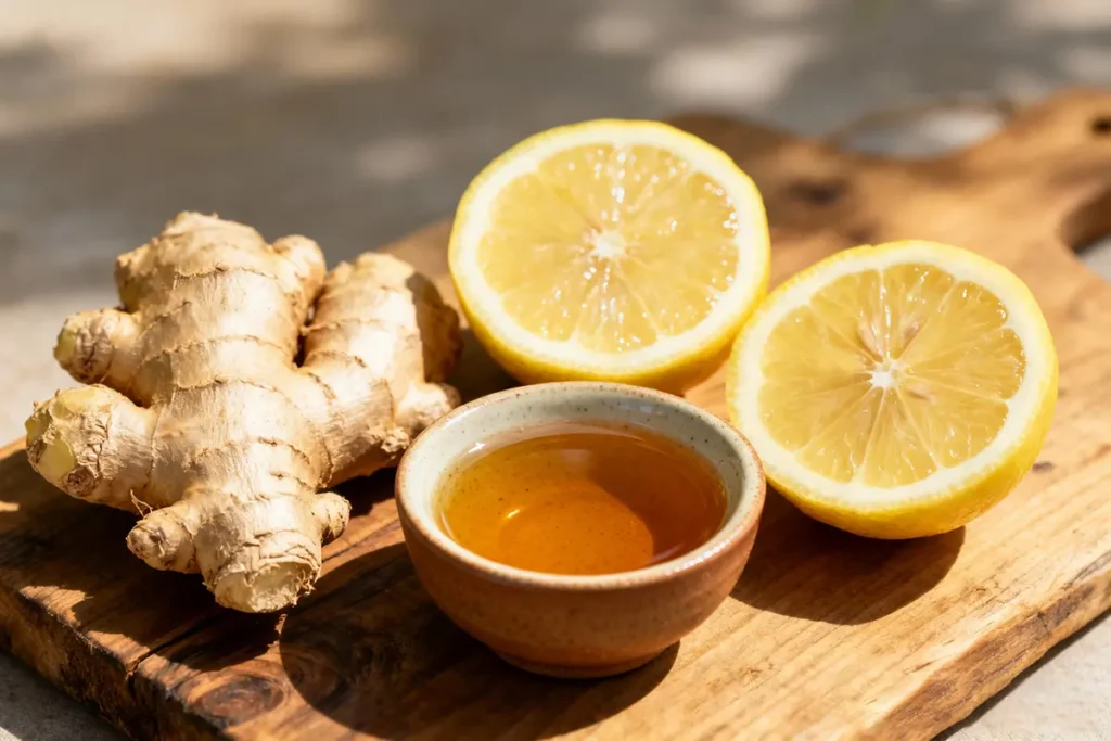 Preparo da Mounjaro Natural Receita com água morna, gengibre ralado e limão.