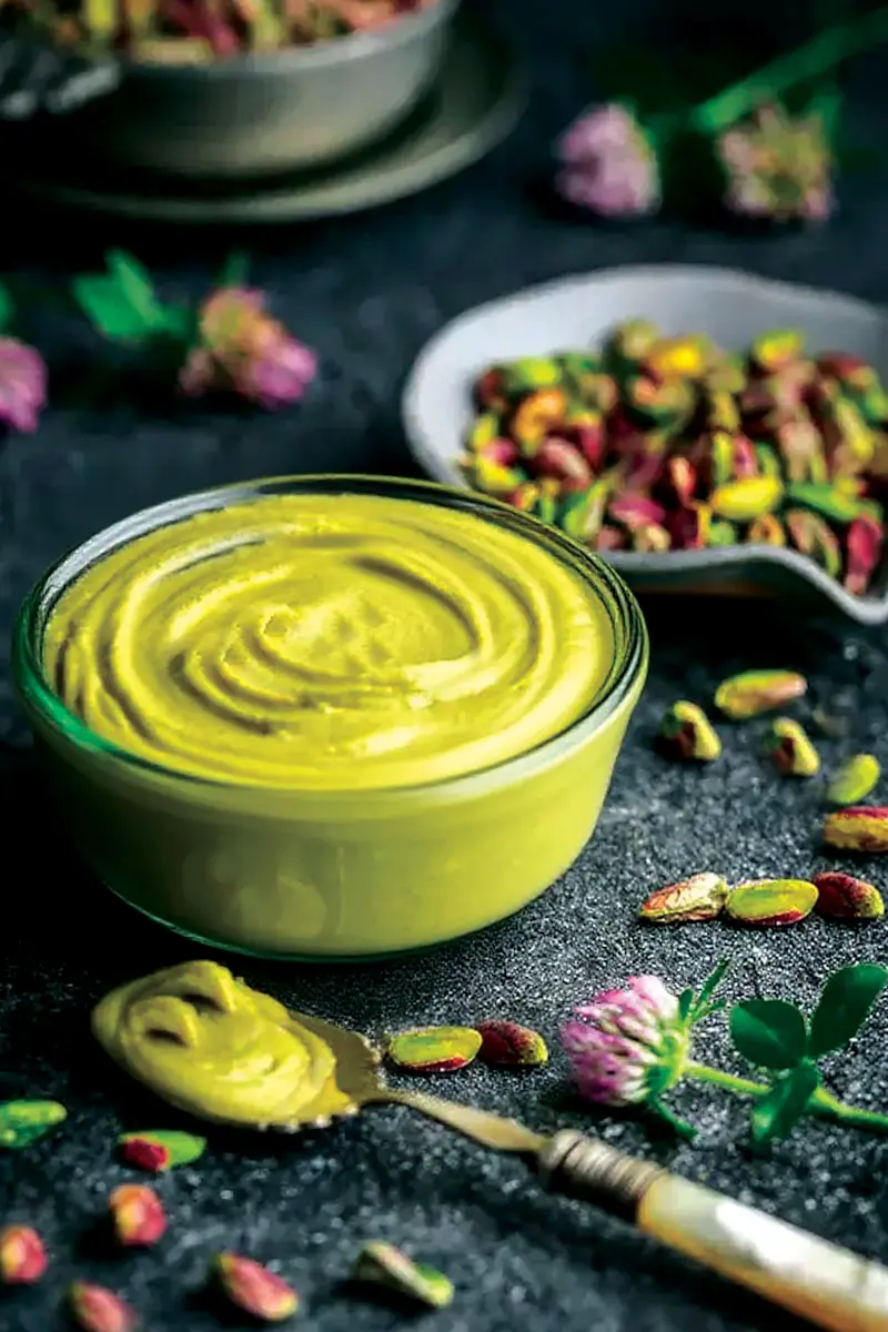 Homemade pistachio cream in a glass bowl with a spoonful beside it, surrounded by raw pistachios and clover flowers on a dark surface.