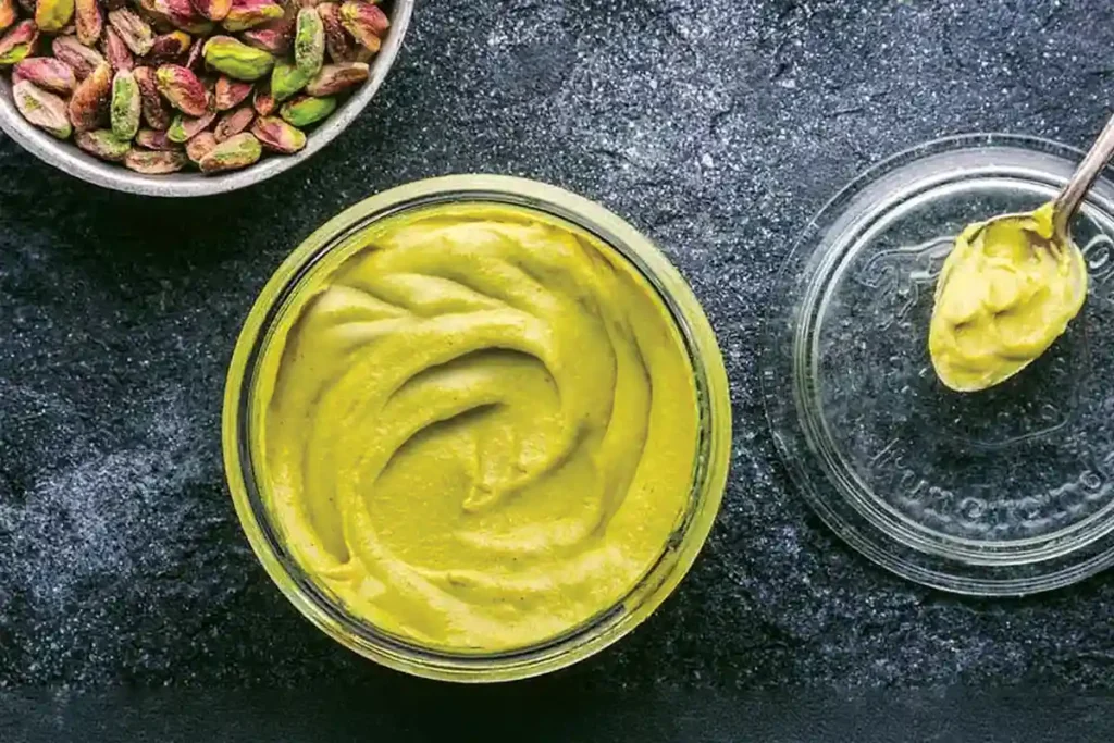 Top-down view of homemade pistachio cream in a glass jar with a spoonful resting on the lid, surrounded by raw pistachios on a dark surface.