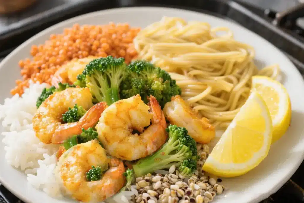 Air fryer shrimp and broccoli served with rice, pasta, grains, and lemon wedges on a dinner plate