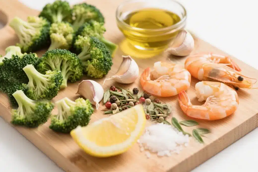 Air fryer shrimp and broccoli ingredients including raw shrimp, broccoli florets, olive oil, garlic, salt, lemon, and herbs arranged on a wooden board