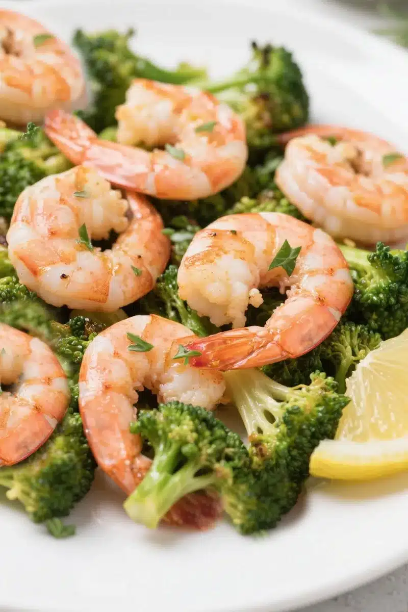 Air fryer shrimp and broccoli on a white plate with lemon wedges, showcasing juicy shrimp and roasted broccoli
