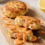 Crab Cakes with Old Bay Donkey Sauce served with creamy garlic drizzle on a wooden board