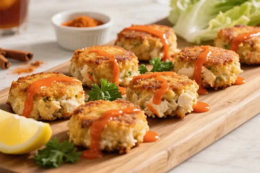 Crab Cakes with Old Bay Donkey Sauce garnished with parsley and lemon slices on a wooden board