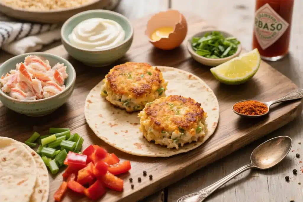 Ingredients for Crab Cakes with Old Bay Donkey Sauce arranged on a wooden board with fresh crab, spices, and herbs.