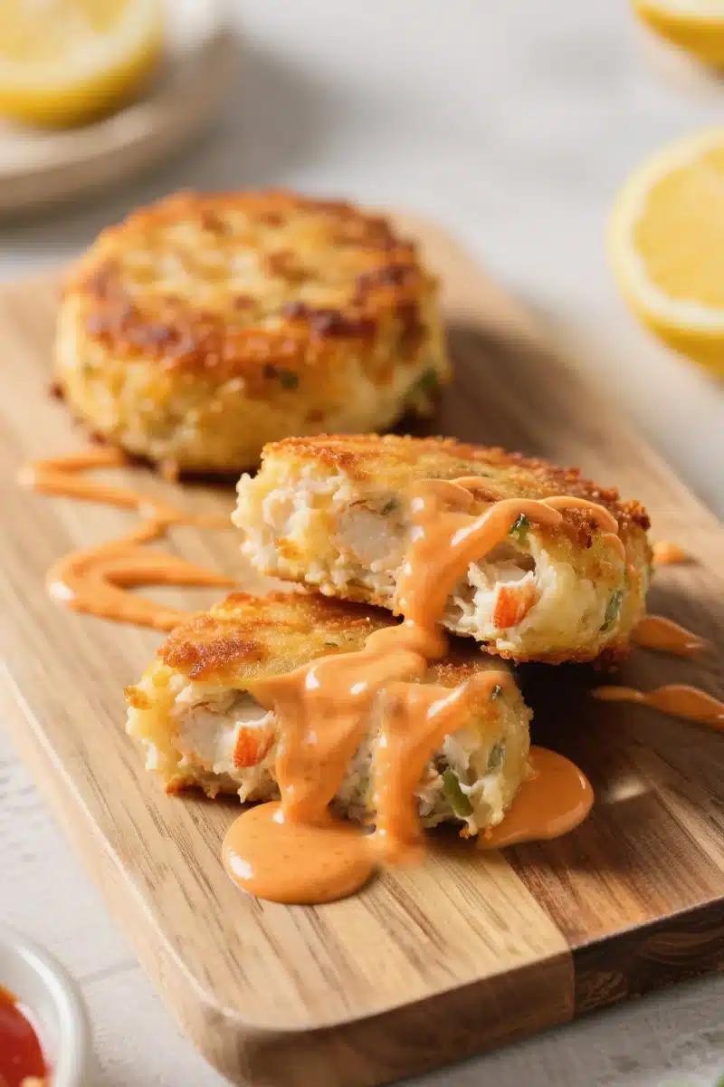 Crab Cakes with Old Bay Donkey Sauce served with creamy garlic drizzle on a wooden board