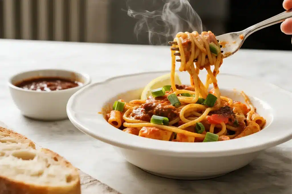 Steaming Rasta Pasta in a white bowl, twirled on a fork with jerk chicken, green onions, and lemon wedge, rich, spicy, and ready to eat.