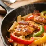 Steaming Rasta Pasta in a cast iron skillet with jerk chicken, red, yellow, and green bell peppers over penne pasta, fresh, spicy, and ready to serve.
