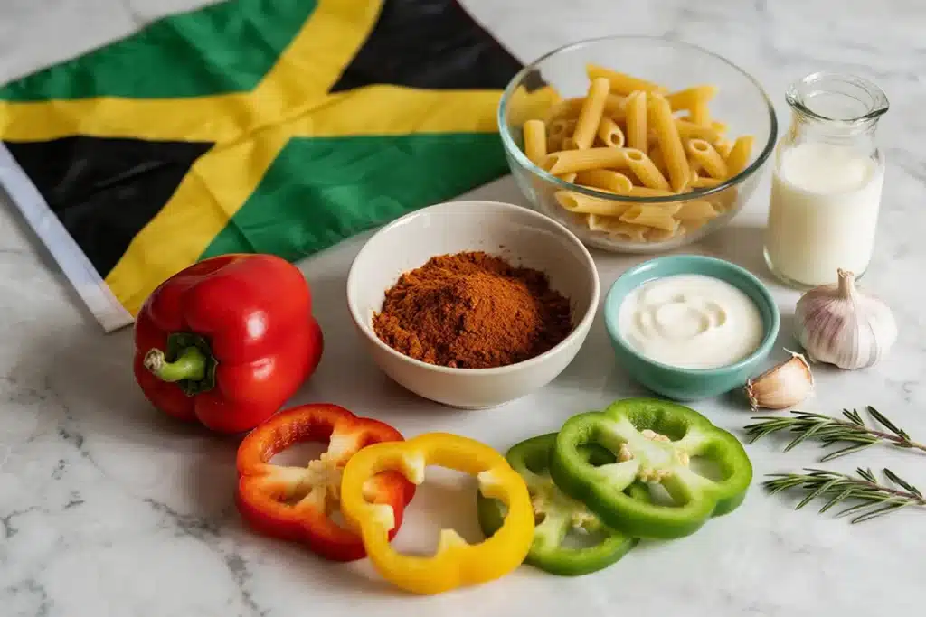 Ingredients for authentic Rasta Pasta: penne pasta, jerk seasoning, red, yellow, green bell peppers, garlic, cream, and a Jamaican flag in the background — colorful, bold, and ready to cook.