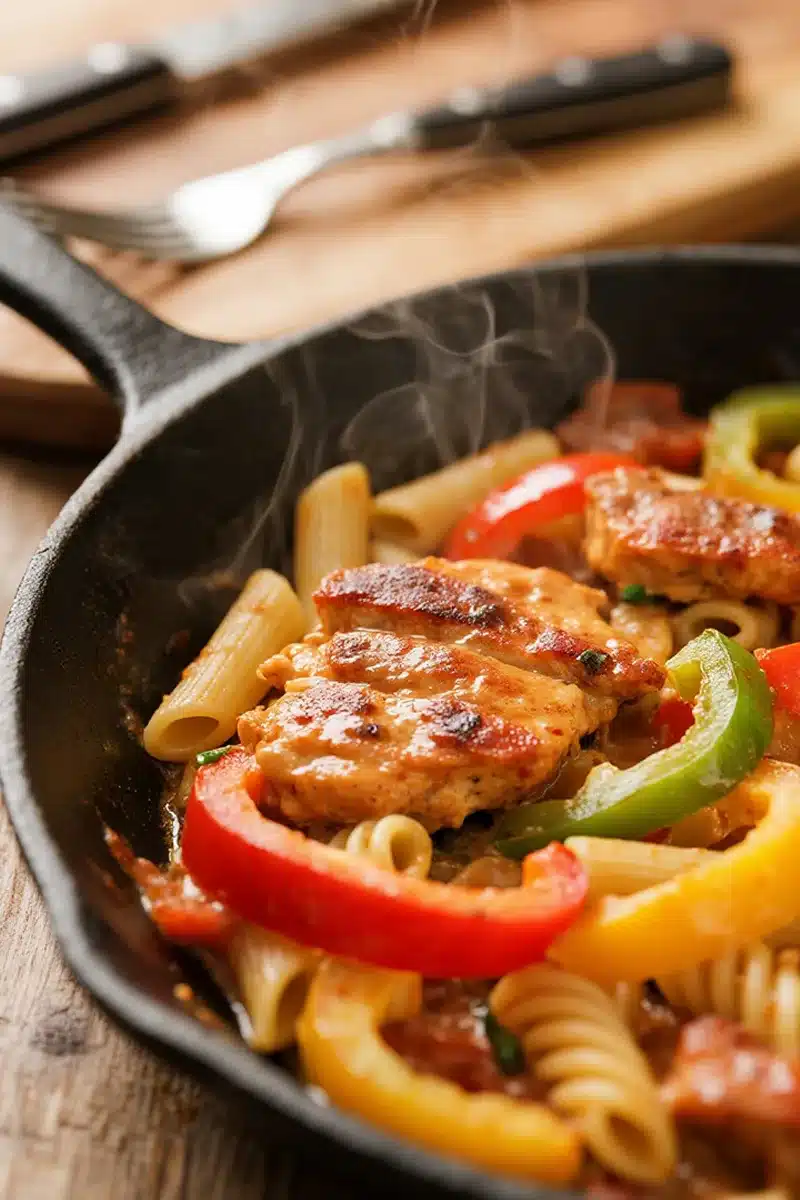 Steaming Rasta Pasta in a cast iron skillet with jerk chicken, red, yellow, and green bell peppers over penne pasta, fresh, spicy, and ready to serve.