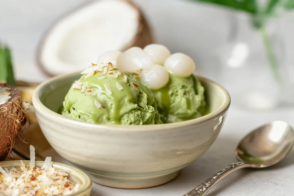 Matcha affogato ice cream with mochi balls and toasted coconut in a ceramic bowl