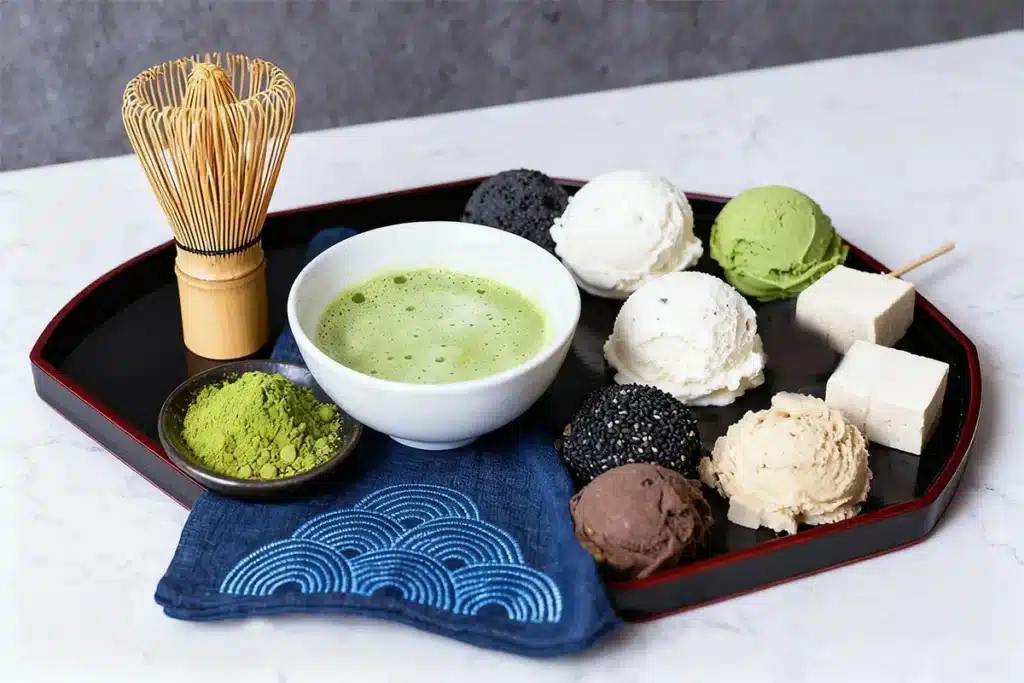 Assorted ingredients for matcha affogato including matcha, ice cream scoops, tofu cubes, and whisk