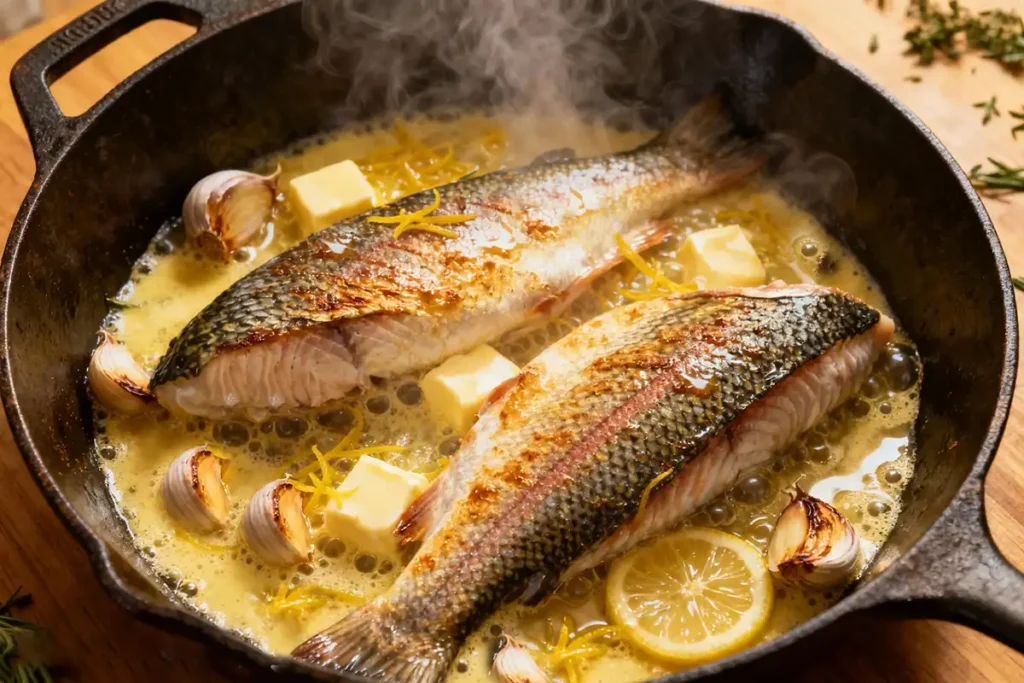 Rainbow trout taste captured in lemon butter garlic sauce cooking in cast iron skillet