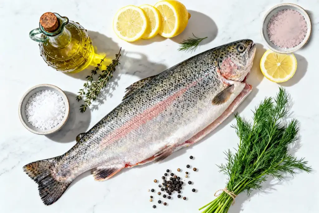 Rainbow trout taste ingredients: fresh whole trout with lemon, dill, salt, pepper, and olive oil
