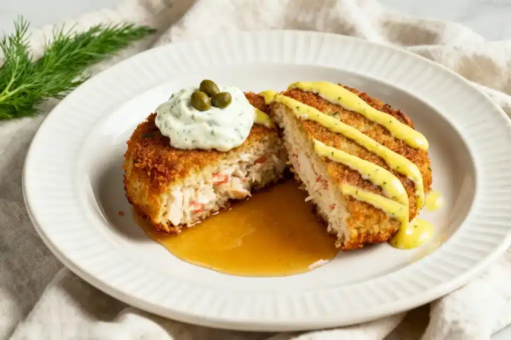 Two golden crab cakes on a white plate, one sliced open to reveal tender filling, topped with creamy dill sauce and capers, drizzled with honey-mustard sauce—the perfect trio for elevating your seafood dish.