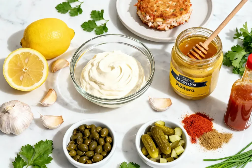 Ingredients for the best crab cake sauce recipe: mayonnaise, honey mustard, capers, pickles, garlic, lemon, and spices—fresh, bold, and ready to elevate your seafood.